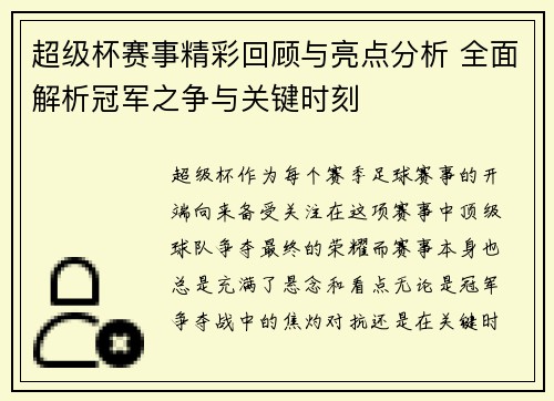 超级杯赛事精彩回顾与亮点分析 全面解析冠军之争与关键时刻