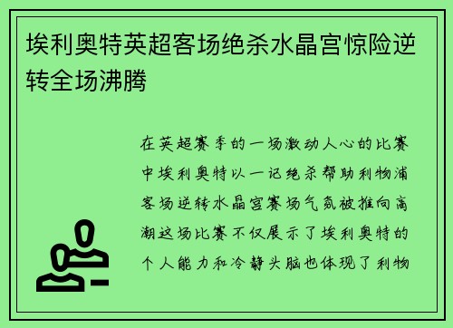 埃利奥特英超客场绝杀水晶宫惊险逆转全场沸腾