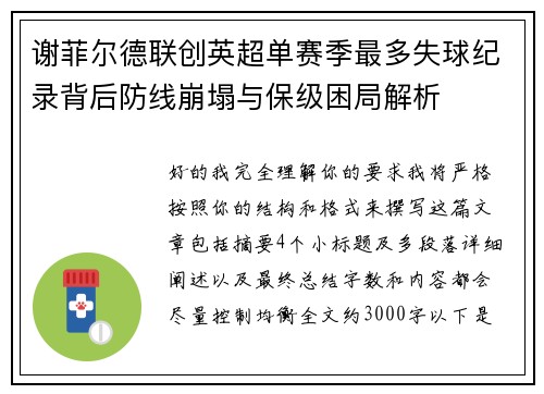 谢菲尔德联创英超单赛季最多失球纪录背后防线崩塌与保级困局解析 谢菲尔德联创英超单赛季最多失球纪录背后防线崩塌与保级困局解析